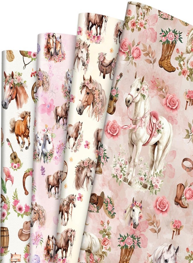 Pineraap 12 Sheets Horse Floral Wrapping Paper, Cowgirl Gift Wrap Paper, Rose Themed Western Derby Wrapping Papers for DIY Crafts, Girls Birthday, Baby Shower, Wedding, Graduation Gift, 27.6 x 19.7In - Image 1